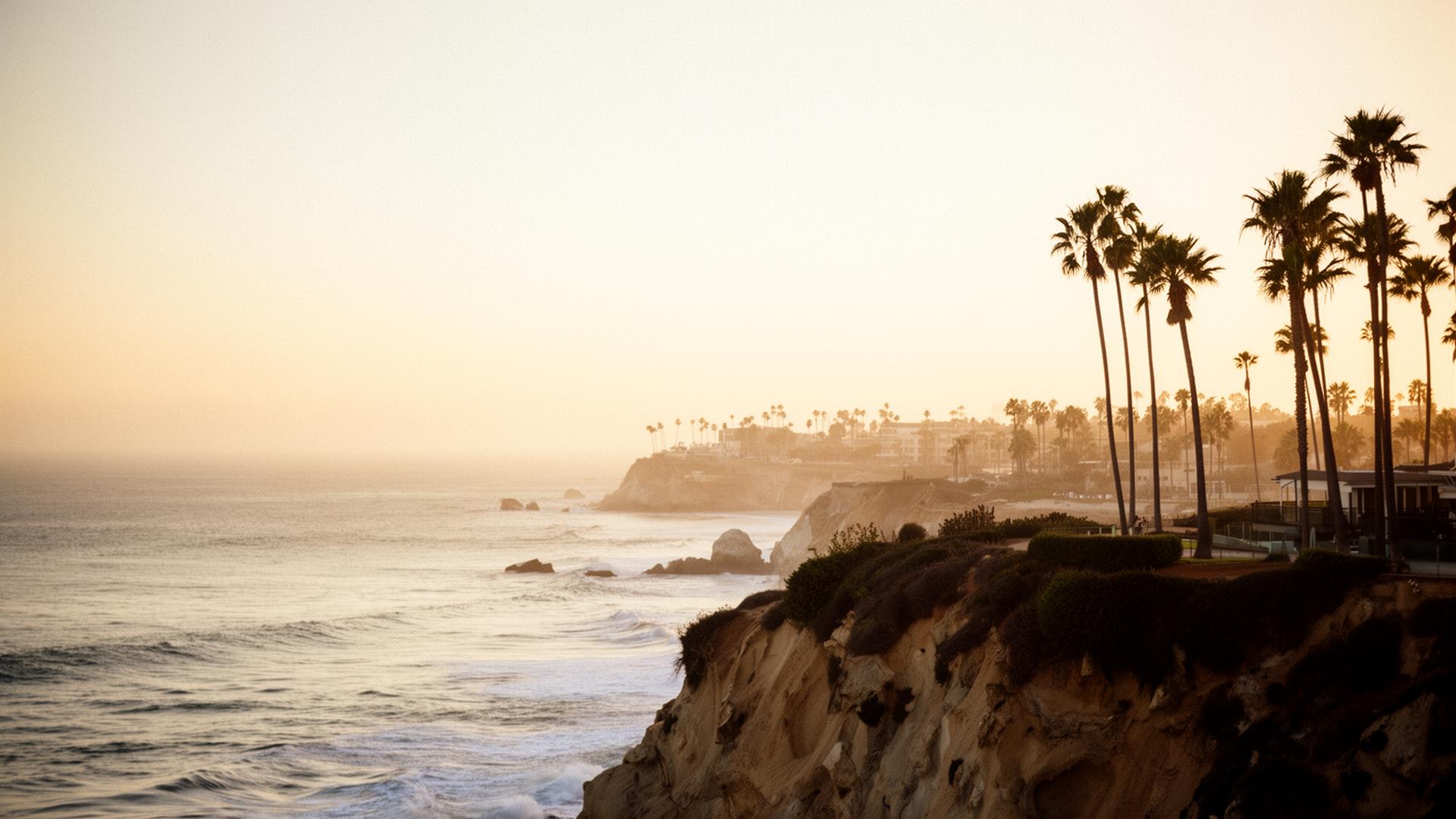 San Diego coastline at golden hour — palm-lined cliffs above the Pacific
